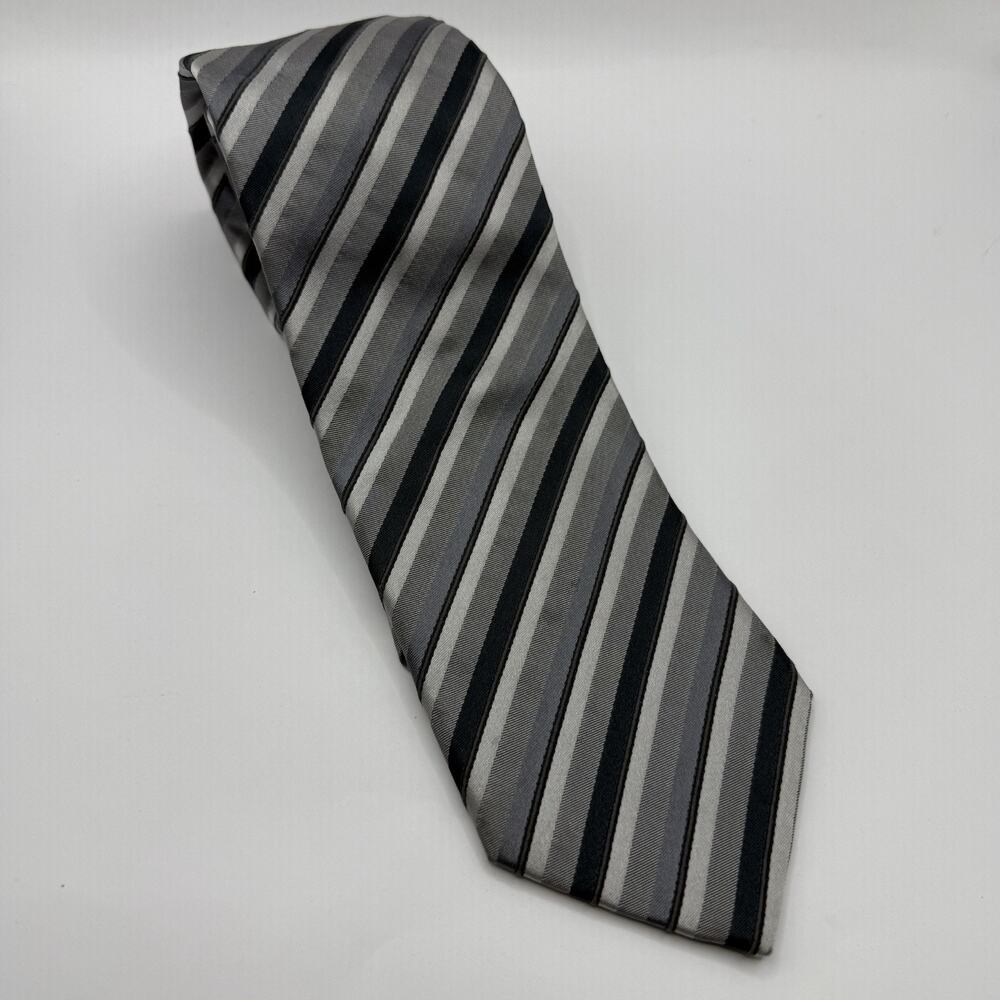 Hugo Boss Classic Striped Designer Tie Grays/Black 100% Silk Italian Made, EUC